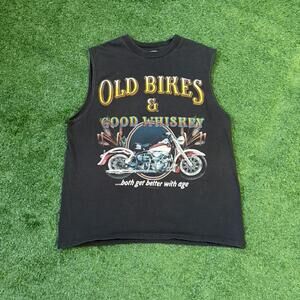 Vintage 90s Old Bikes Good Whiskey Sleeveless Biker Graphic Shirt Large Chopper